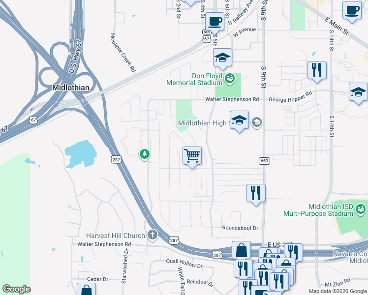 map of restaurants, bars, coffee shops, grocery stores, and more near 1410 Stiles Court in Midlothian