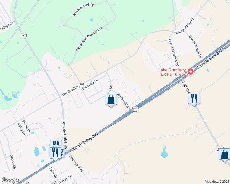map of restaurants, bars, coffee shops, grocery stores, and more near 332 Sardius Boulevard in Granbury
