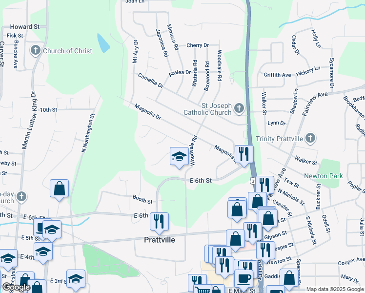 map of restaurants, bars, coffee shops, grocery stores, and more near 207 Gardenia Court in Prattville