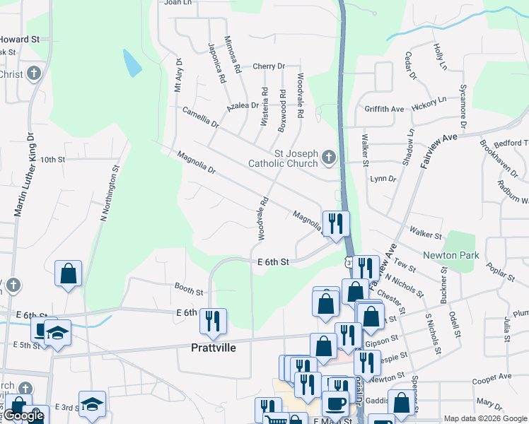 map of restaurants, bars, coffee shops, grocery stores, and more near 202 Juniper Court in Prattville