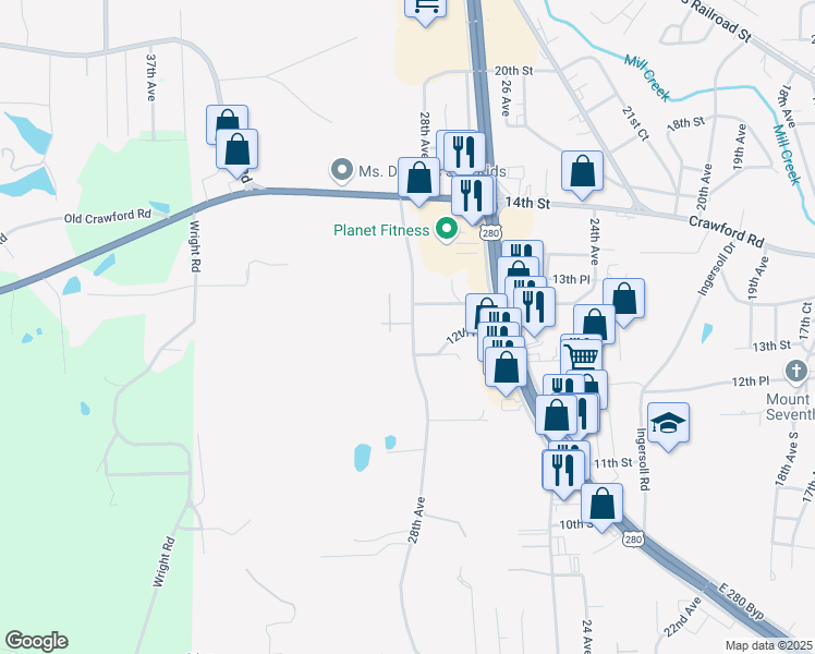 map of restaurants, bars, coffee shops, grocery stores, and more near 1224 28th Avenue in Phenix City