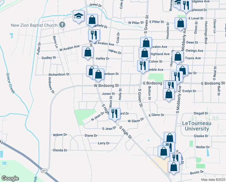 map of restaurants, bars, coffee shops, grocery stores, and more near 1901 West Street in Longview