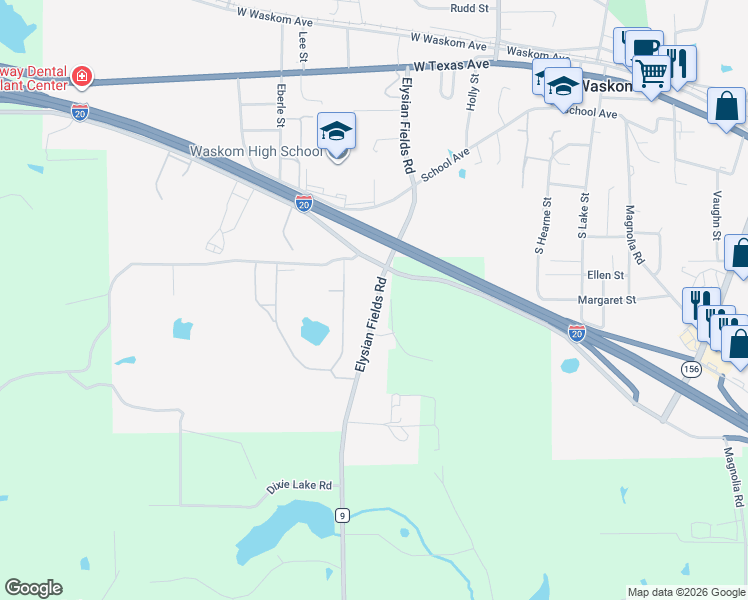 map of restaurants, bars, coffee shops, grocery stores, and more near 835 Elysian Fields Road in Waskom