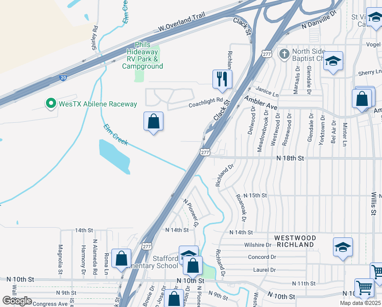 map of restaurants, bars, coffee shops, grocery stores, and more near 1818 Clack Street in Abilene