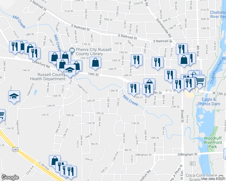 map of restaurants, bars, coffee shops, grocery stores, and more near 13th Street in Phenix City
