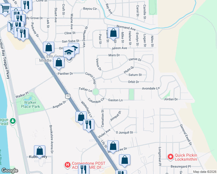 map of restaurants, bars, coffee shops, grocery stores, and more near 212 Avondale Lane in Bossier City