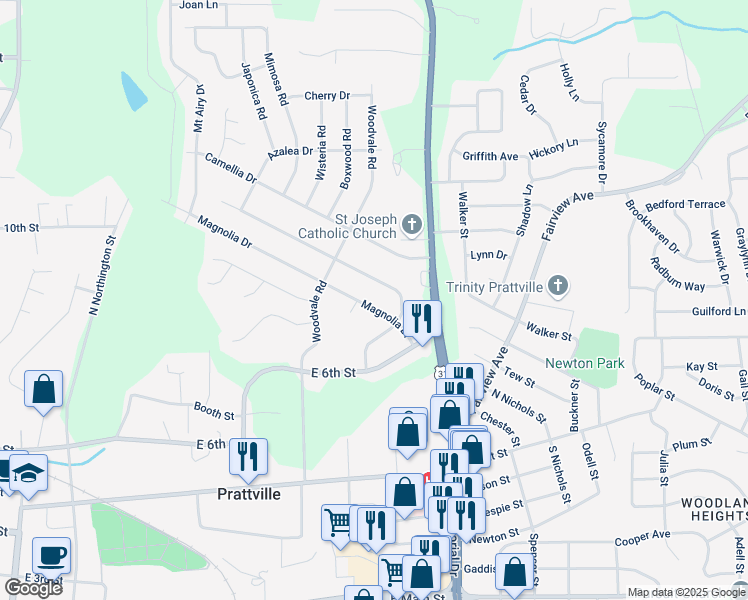 map of restaurants, bars, coffee shops, grocery stores, and more near 119-121 Magnolia Drive in Prattville
