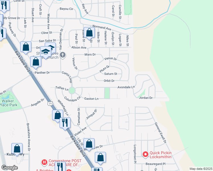 map of restaurants, bars, coffee shops, grocery stores, and more near 244 Avondale Lane in Bossier City