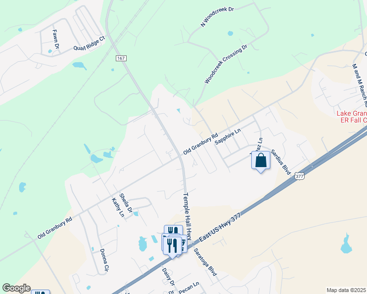 map of restaurants, bars, coffee shops, grocery stores, and more near 401 Temple Hall Highway in Granbury