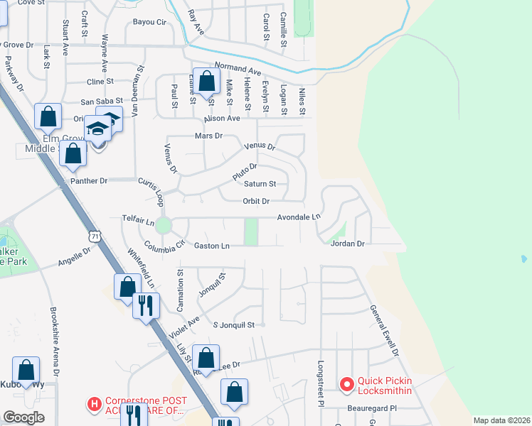 map of restaurants, bars, coffee shops, grocery stores, and more near 408 Harmon Lane in Bossier City