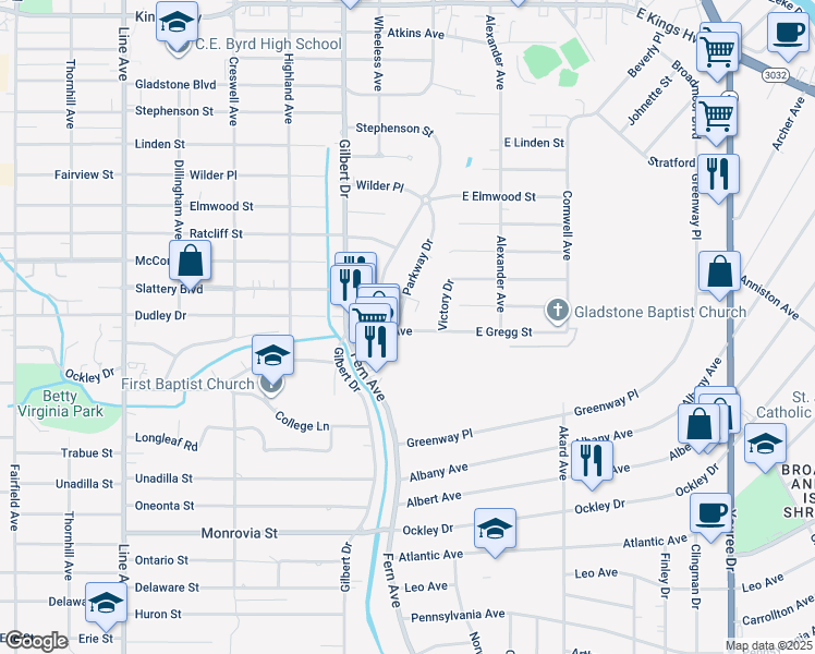 map of restaurants, bars, coffee shops, grocery stores, and more near 206 Gregg Avenue in Shreveport