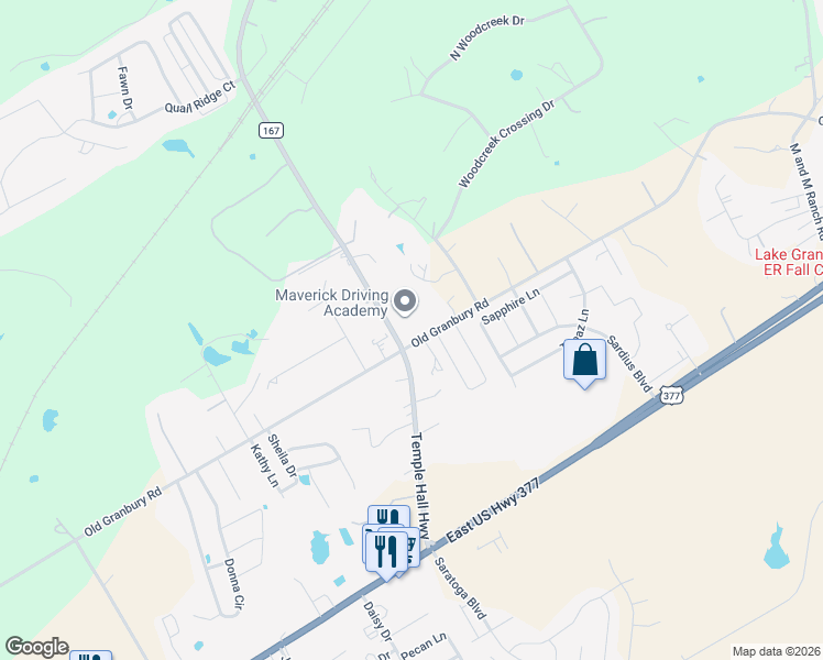 map of restaurants, bars, coffee shops, grocery stores, and more near 401 Temple Hall Highway in Granbury