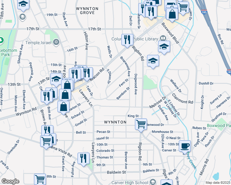 map of restaurants, bars, coffee shops, grocery stores, and more near 2734 Fern Street in Columbus