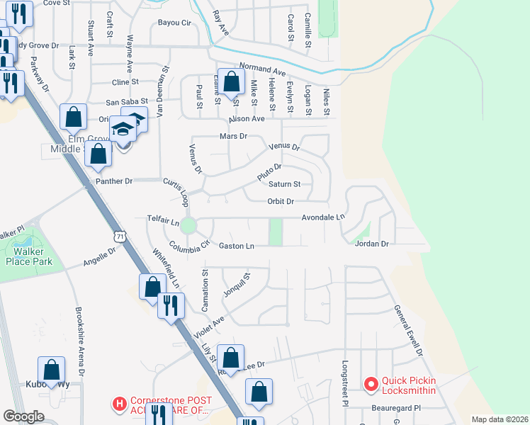 map of restaurants, bars, coffee shops, grocery stores, and more near 231 Avondale Lane in Bossier City