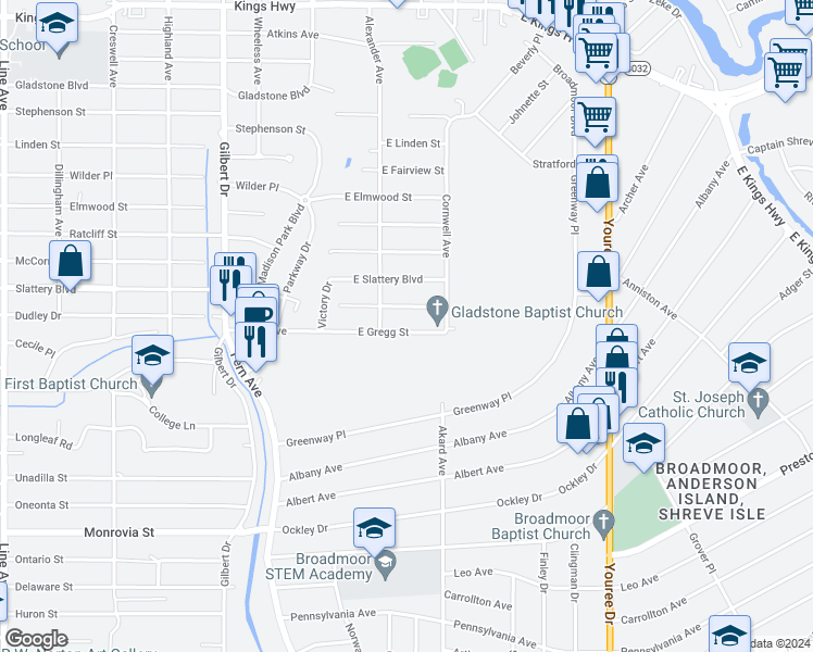 map of restaurants, bars, coffee shops, grocery stores, and more near 228 East Gregg Street in Shreveport