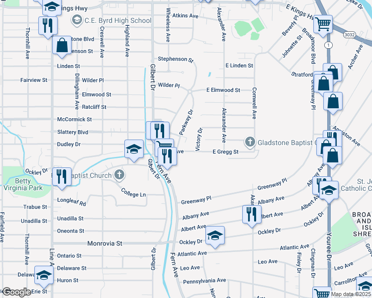 map of restaurants, bars, coffee shops, grocery stores, and more near 206 Gregg Avenue in Shreveport
