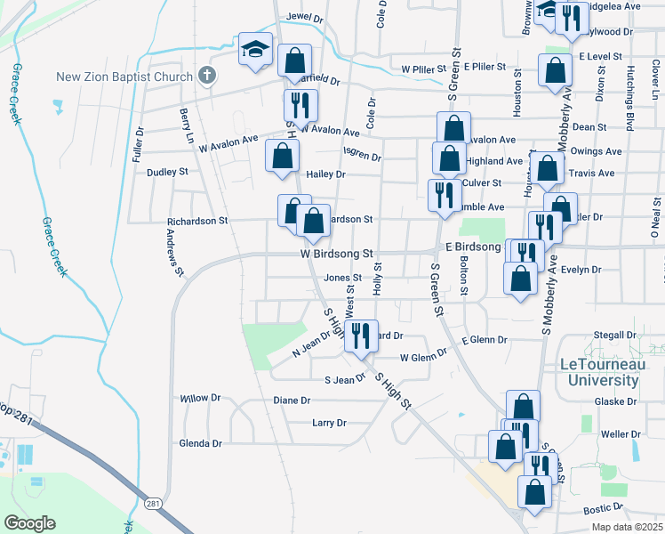 map of restaurants, bars, coffee shops, grocery stores, and more near 909 Reel Road in Longview