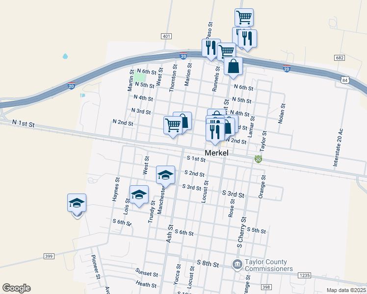 map of restaurants, bars, coffee shops, grocery stores, and more near N 1st St & Ash St in Merkel