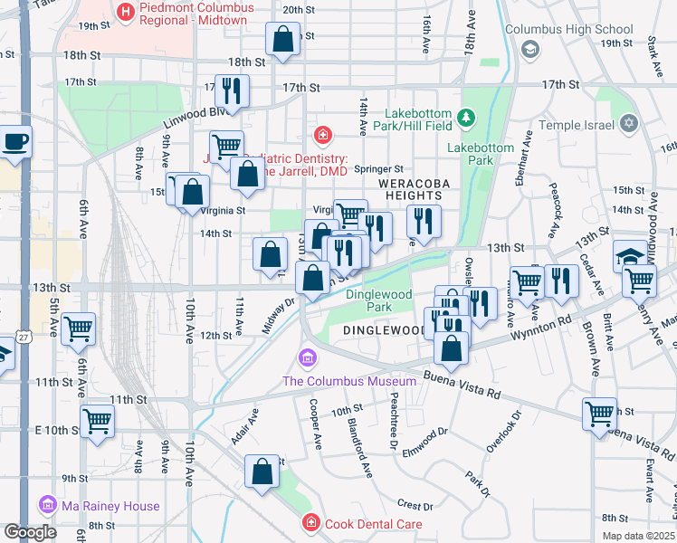 map of restaurants, bars, coffee shops, grocery stores, and more near 1365 Warren Williams Rd in Columbus