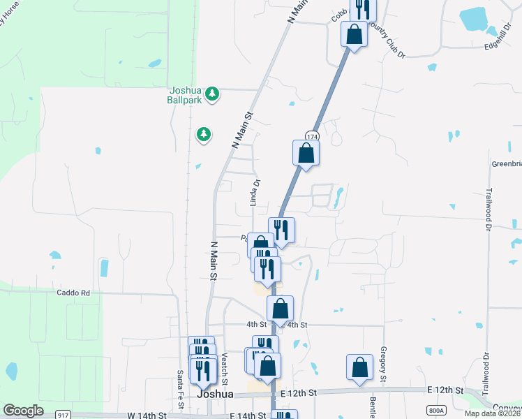 map of restaurants, bars, coffee shops, grocery stores, and more near 616 Linda Drive in Joshua