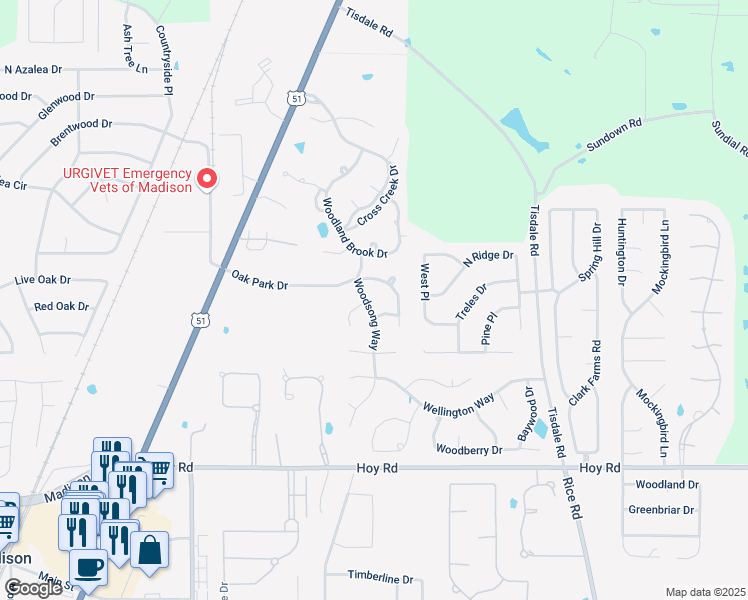 map of restaurants, bars, coffee shops, grocery stores, and more near 125 Woodsong Way in Madison