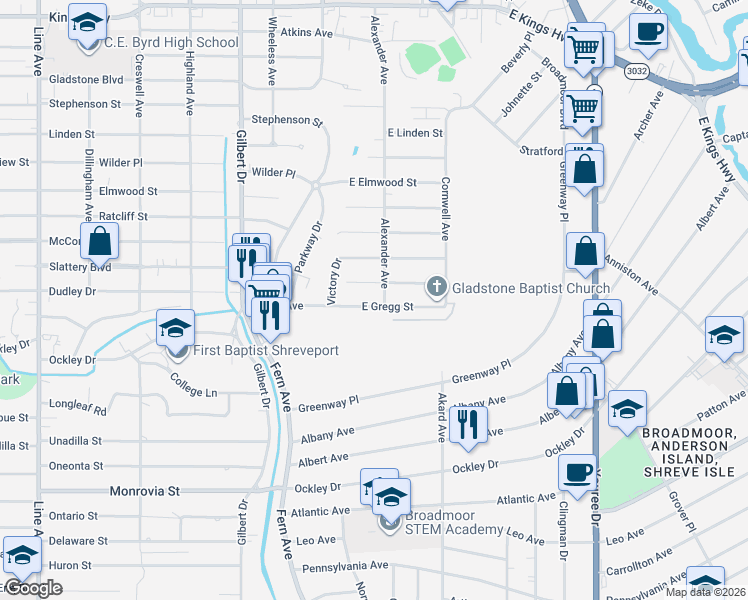 map of restaurants, bars, coffee shops, grocery stores, and more near 123 East Gregg Street in Shreveport