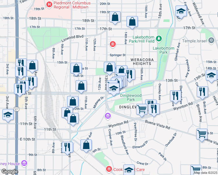 map of restaurants, bars, coffee shops, grocery stores, and more near 1314 13th Street in Columbus