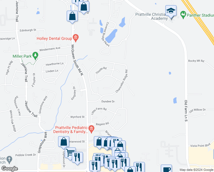 map of restaurants, bars, coffee shops, grocery stores, and more near 116 Grasmere Court in Prattville