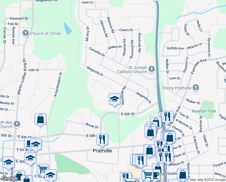 map of restaurants, bars, coffee shops, grocery stores, and more near 213 Gardenia Court in Prattville