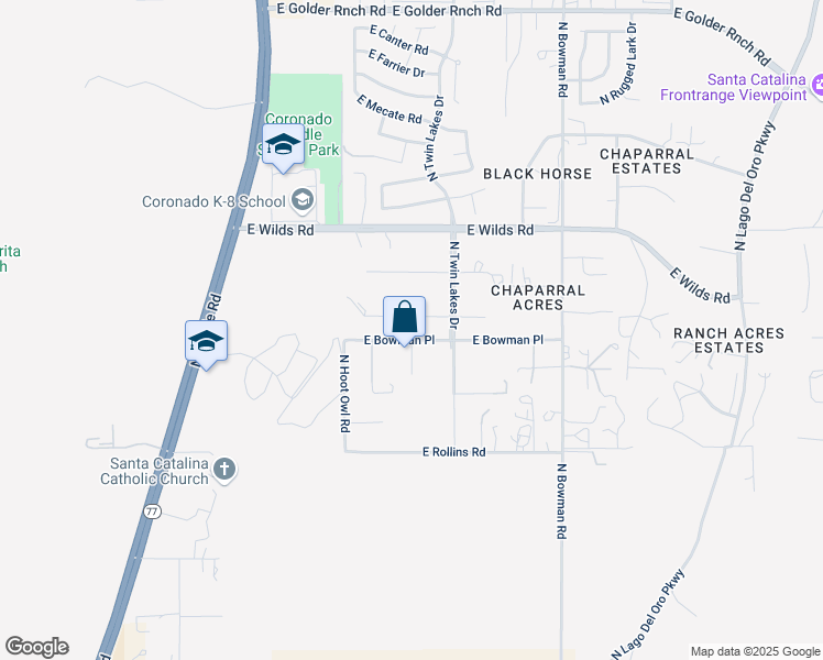 map of restaurants, bars, coffee shops, grocery stores, and more near 14595 North Twin Lakes Drive in Tucson