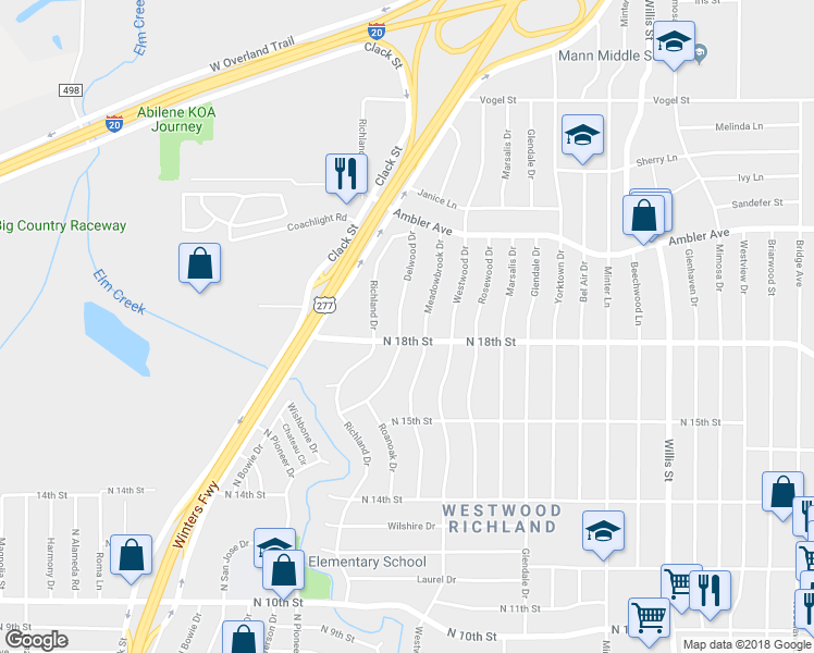 map of restaurants, bars, coffee shops, grocery stores, and more near 1809 Delwood Drive in Abilene