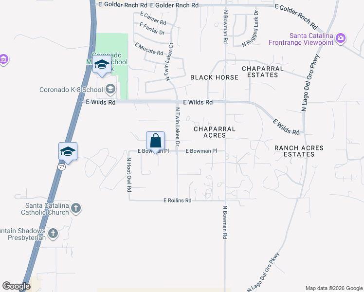 map of restaurants, bars, coffee shops, grocery stores, and more near 3676 East Bowman Place in Tucson