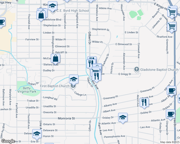 map of restaurants, bars, coffee shops, grocery stores, and more near 3920 Gilbert Drive in Shreveport