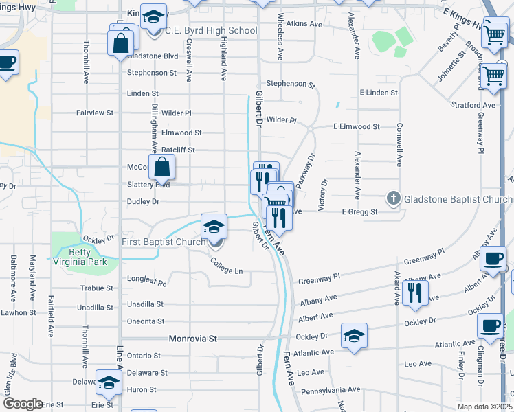 map of restaurants, bars, coffee shops, grocery stores, and more near 3920 Gilbert Drive in Shreveport
