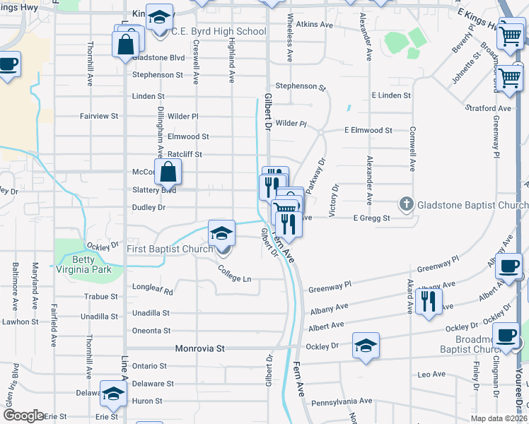 map of restaurants, bars, coffee shops, grocery stores, and more near 3920 Gilbert Drive in Shreveport