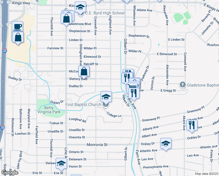 map of restaurants, bars, coffee shops, grocery stores, and more near 3861 Highland Avenue in Shreveport