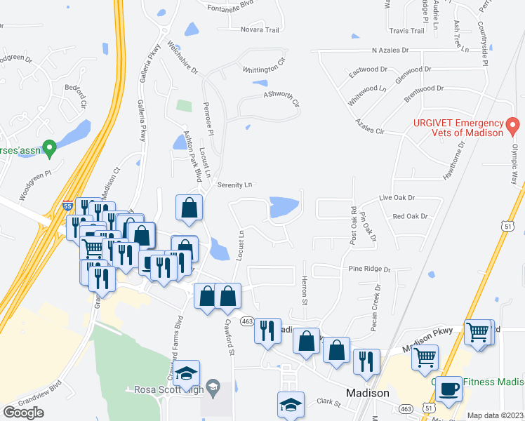 map of restaurants, bars, coffee shops, grocery stores, and more near 125 Golden Pond Drive in Madison