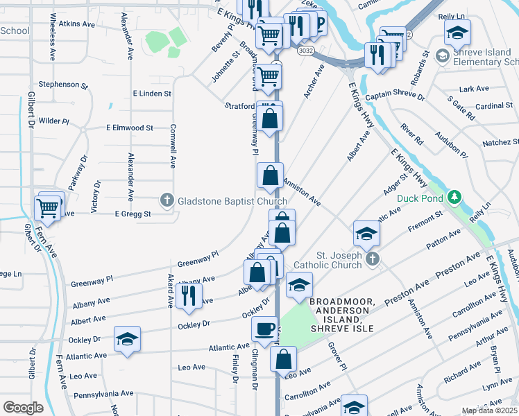 map of restaurants, bars, coffee shops, grocery stores, and more near 304 Albany Avenue in Shreveport