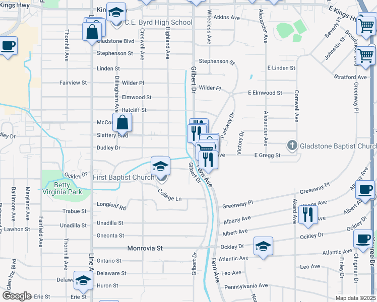 map of restaurants, bars, coffee shops, grocery stores, and more near 3920 Gilbert Drive in Shreveport