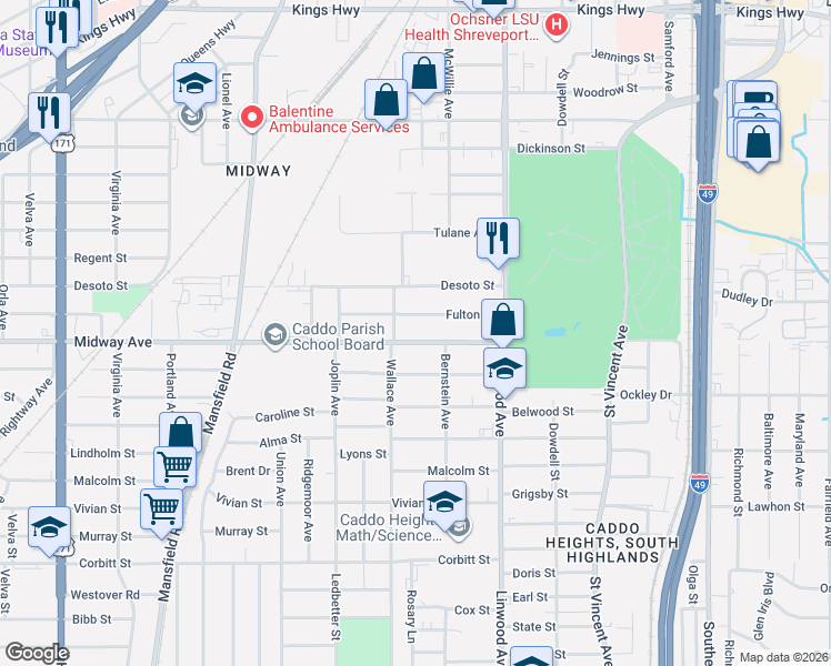 map of restaurants, bars, coffee shops, grocery stores, and more near 1739 Midway Avenue in Shreveport