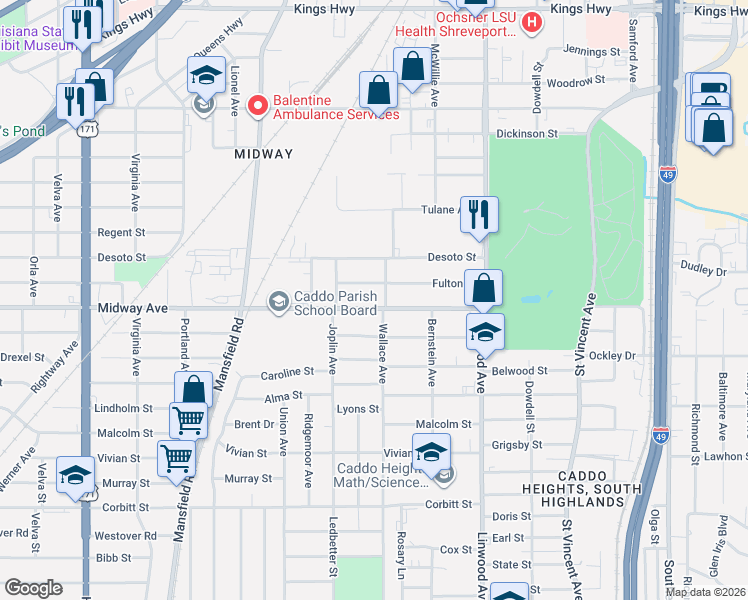 map of restaurants, bars, coffee shops, grocery stores, and more near 1817 Midway Street in Shreveport