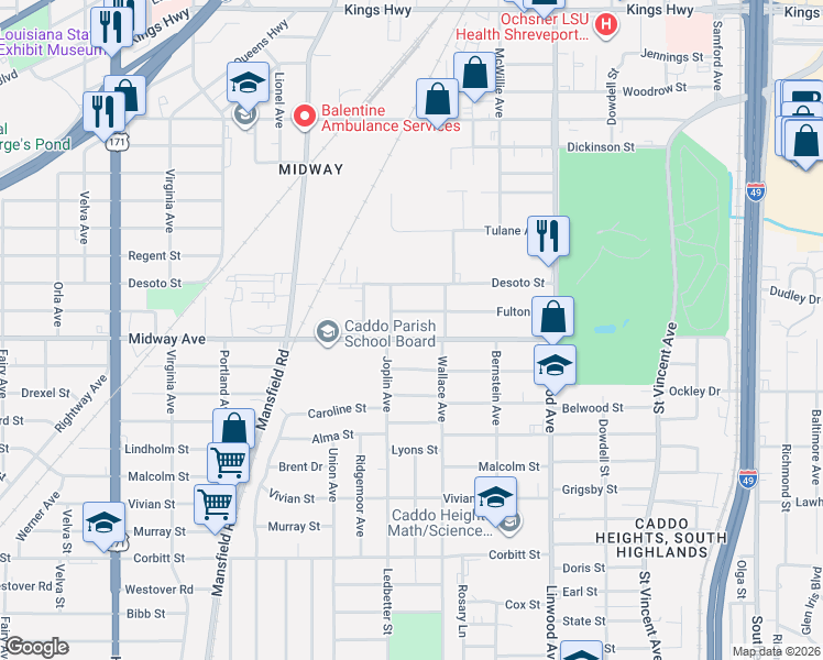 map of restaurants, bars, coffee shops, grocery stores, and more near 1817 Midway Street in Shreveport
