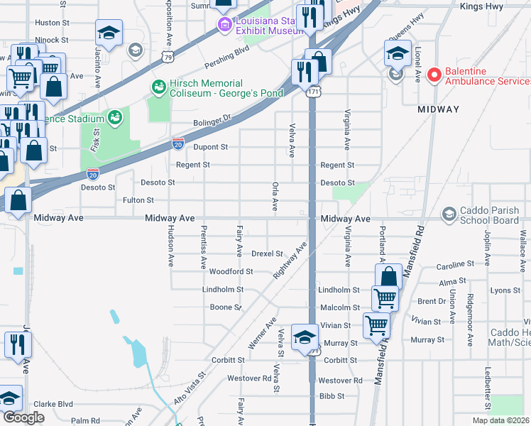 map of restaurants, bars, coffee shops, grocery stores, and more near 4318 Orla Avenue in Shreveport