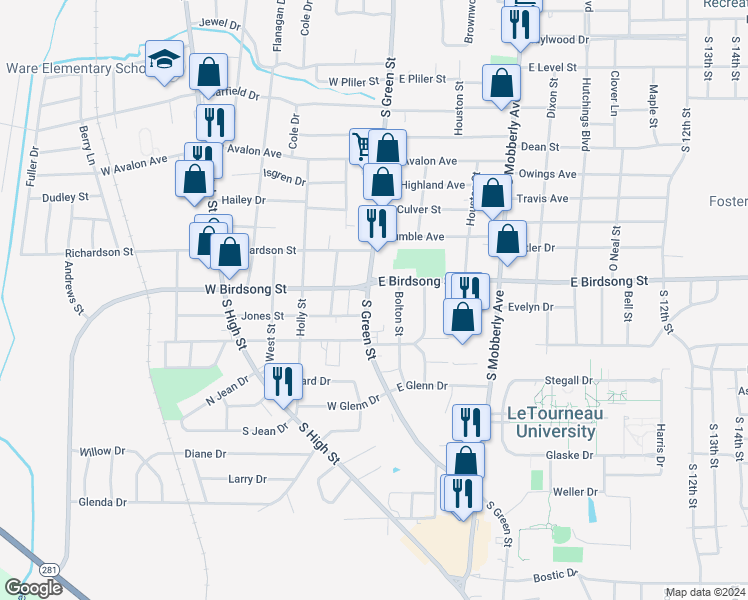 map of restaurants, bars, coffee shops, grocery stores, and more near 1806 South Green Street in Longview