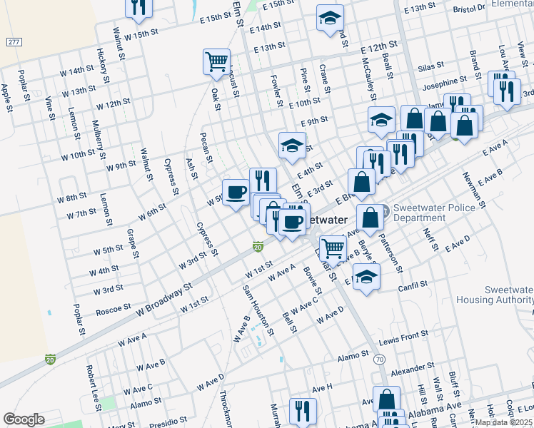 map of restaurants, bars, coffee shops, grocery stores, and more near 101 East 3rd Street in Sweetwater