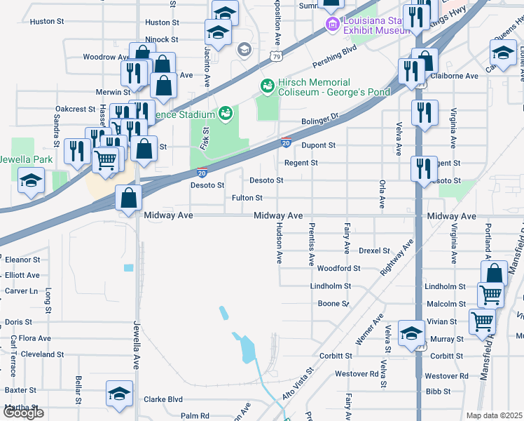 map of restaurants, bars, coffee shops, grocery stores, and more near 3206 Fulton Street in Shreveport