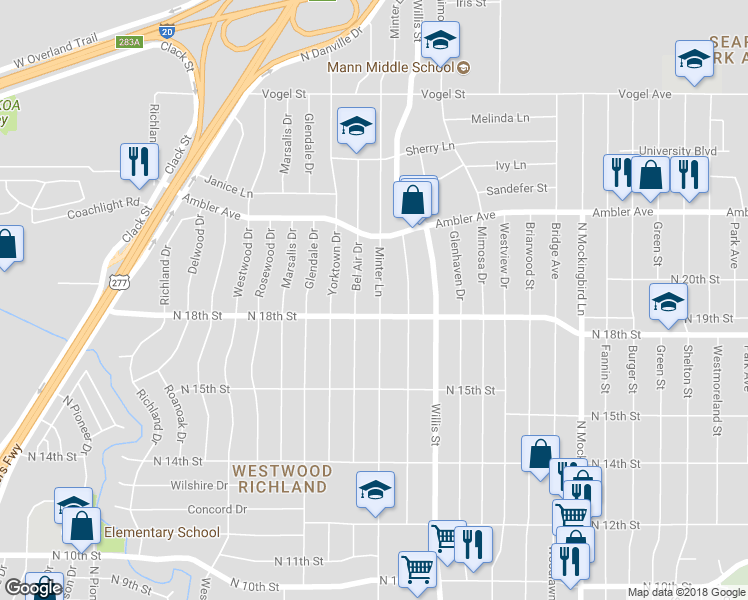 map of restaurants, bars, coffee shops, grocery stores, and more near 1818 Minter Lane in Abilene