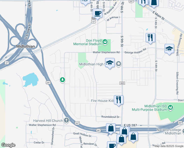 map of restaurants, bars, coffee shops, grocery stores, and more near 1403 South 5th Street in Midlothian