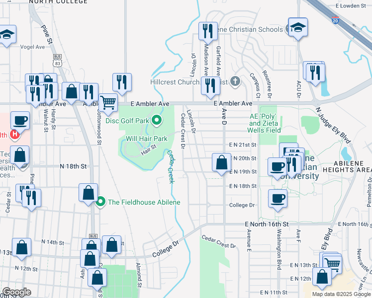 map of restaurants, bars, coffee shops, grocery stores, and more near 2025 Cedar Crest Drive in Abilene