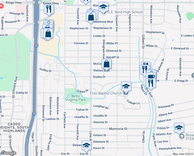 map of restaurants, bars, coffee shops, grocery stores, and more near 735 Dudley Drive in Shreveport